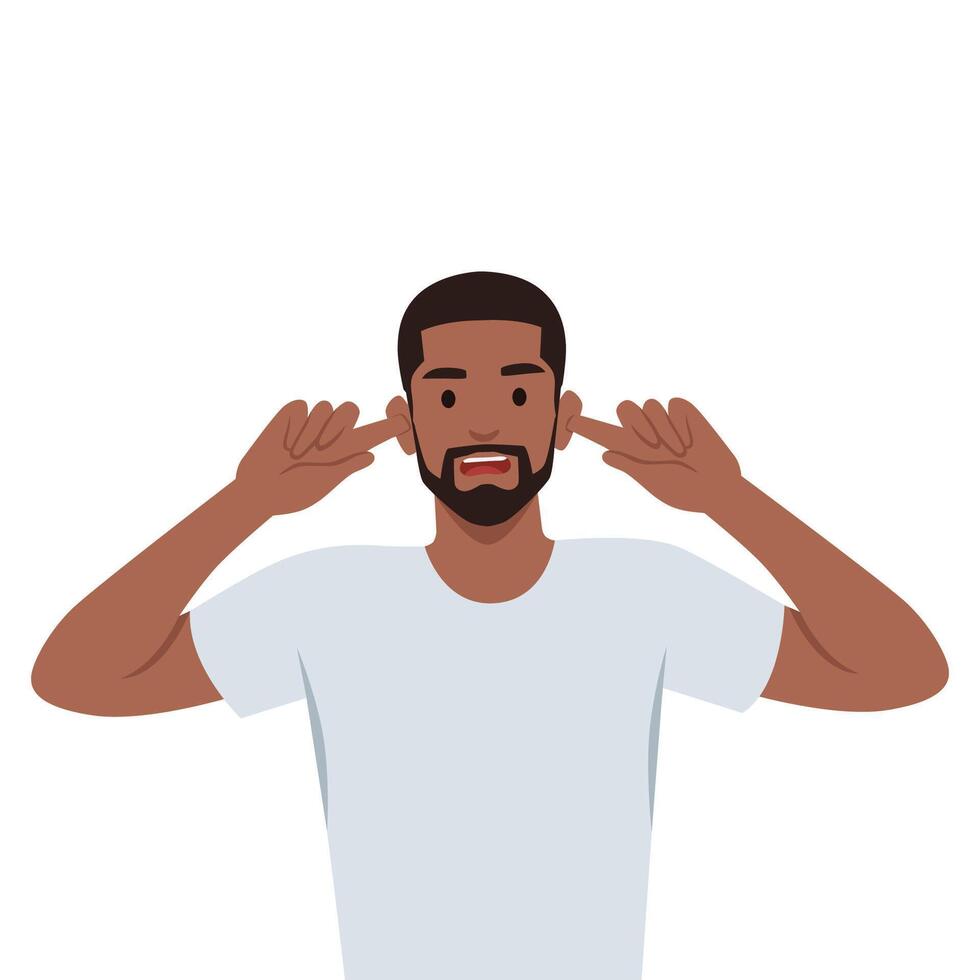 Man covering ears with fingers with annoyed expression for the noise of loud sound or music. vector
