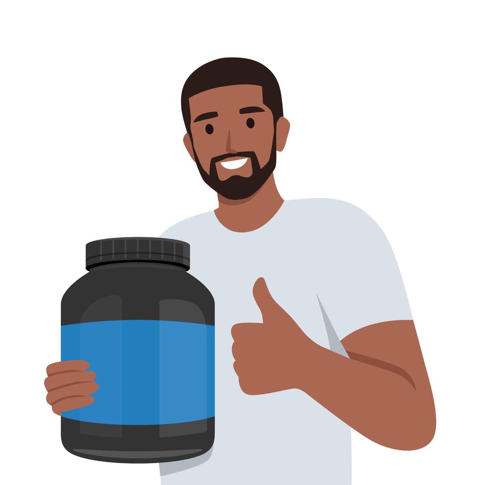 Smiling bodybuilder holding protein bottle recommend healthy lifestyle. vector
