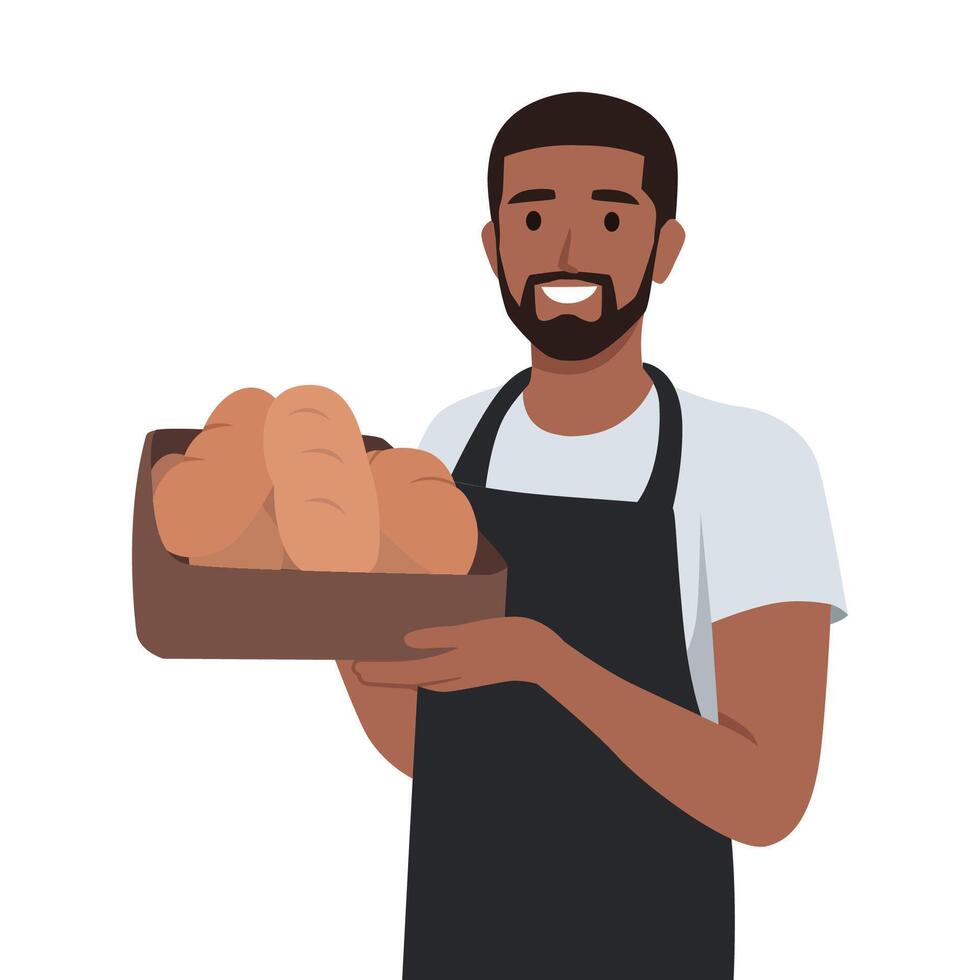 Young baker smiling happily while holding an oven tray with freshly baked bread. vector