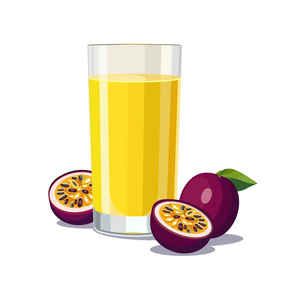 Full glass of yellow freshly and healthy squeezed passion fruit juice isolated on white background. illustration in flat style with tropical drink. Summer clipart for card, banner, flyer, poster vector