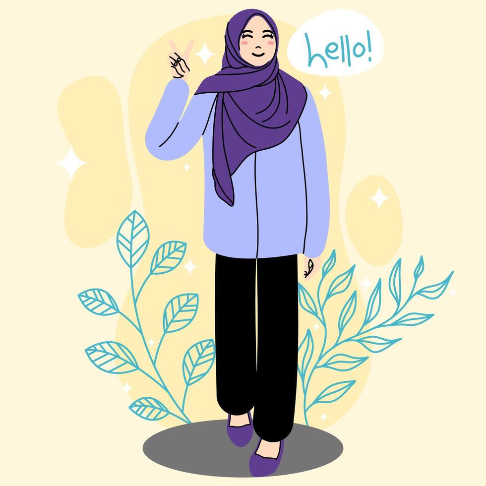 An illustration of hijab girl making hand peace sign standing beside green outline branches leaves with flash stars and greeting word hello. vector