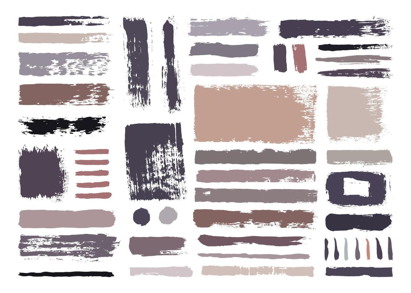 Abstract paint brushes element bundle. Creative brush strokes template set. Rough textured square, line, circle, and color blocks. vector
