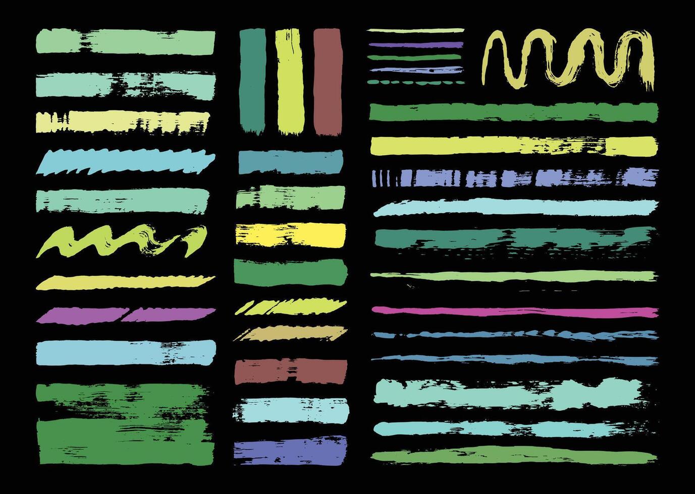 Colorful paint strokes element set. Creative painting brushes layout. Grunge lines template. Rough artistic hand drawn stroke pack. vector