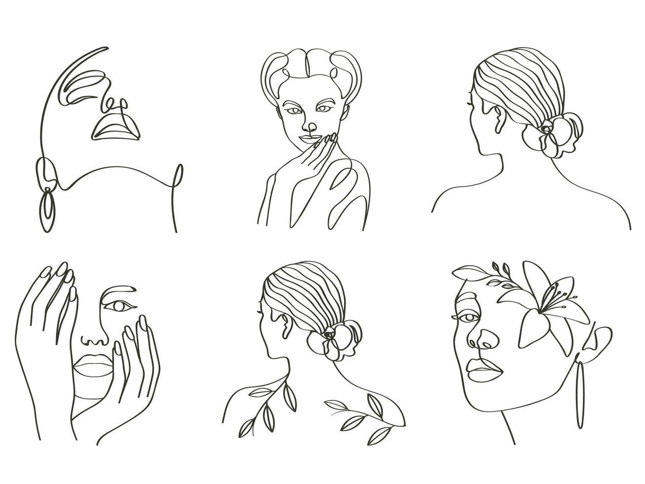 Females continues line drawing elegant minimalist artwork set. vector