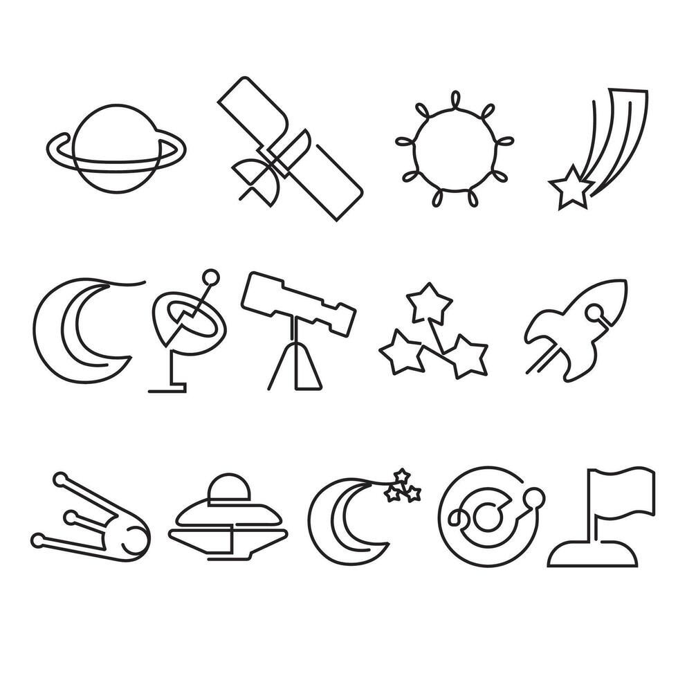 Continuous one line art space icon set. Modern icon elegance minimalist outline space icons clip art drawing. vector