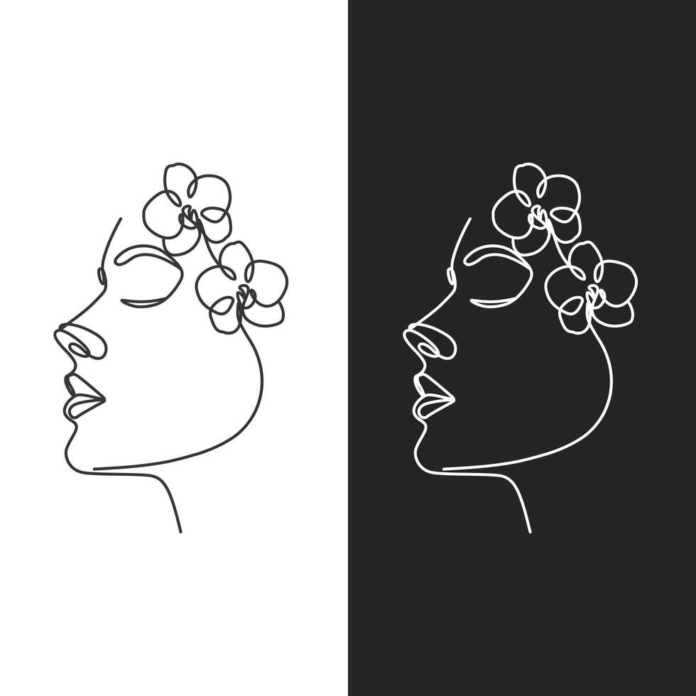 Modern abstract line art minimalistic women faces with flowers one line artwork. Continuous linear drawing style female outline. vector