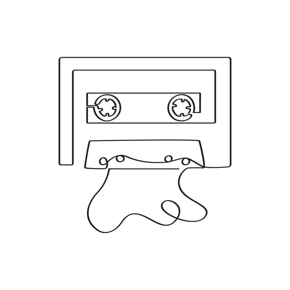 Cassette player tape continuous one line drawing. Vintage retro player song elements outline. vector