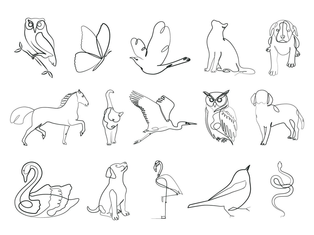 Animals continues line artwork set. Modern art elegant minimalist linear drawing. Outline illustration. vector