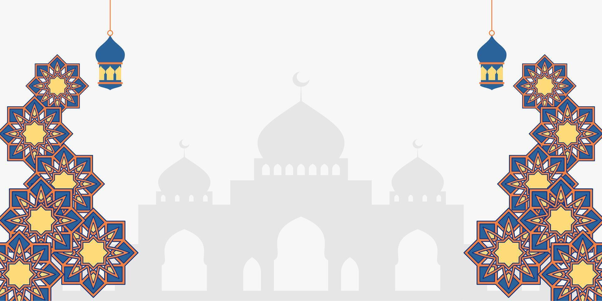 Islamic Background. Free Copy Space Area, with Mandala Decoration, Mosque Silhouette. Template Design for Banner, Poster, Greeting Card, Social Media. vector