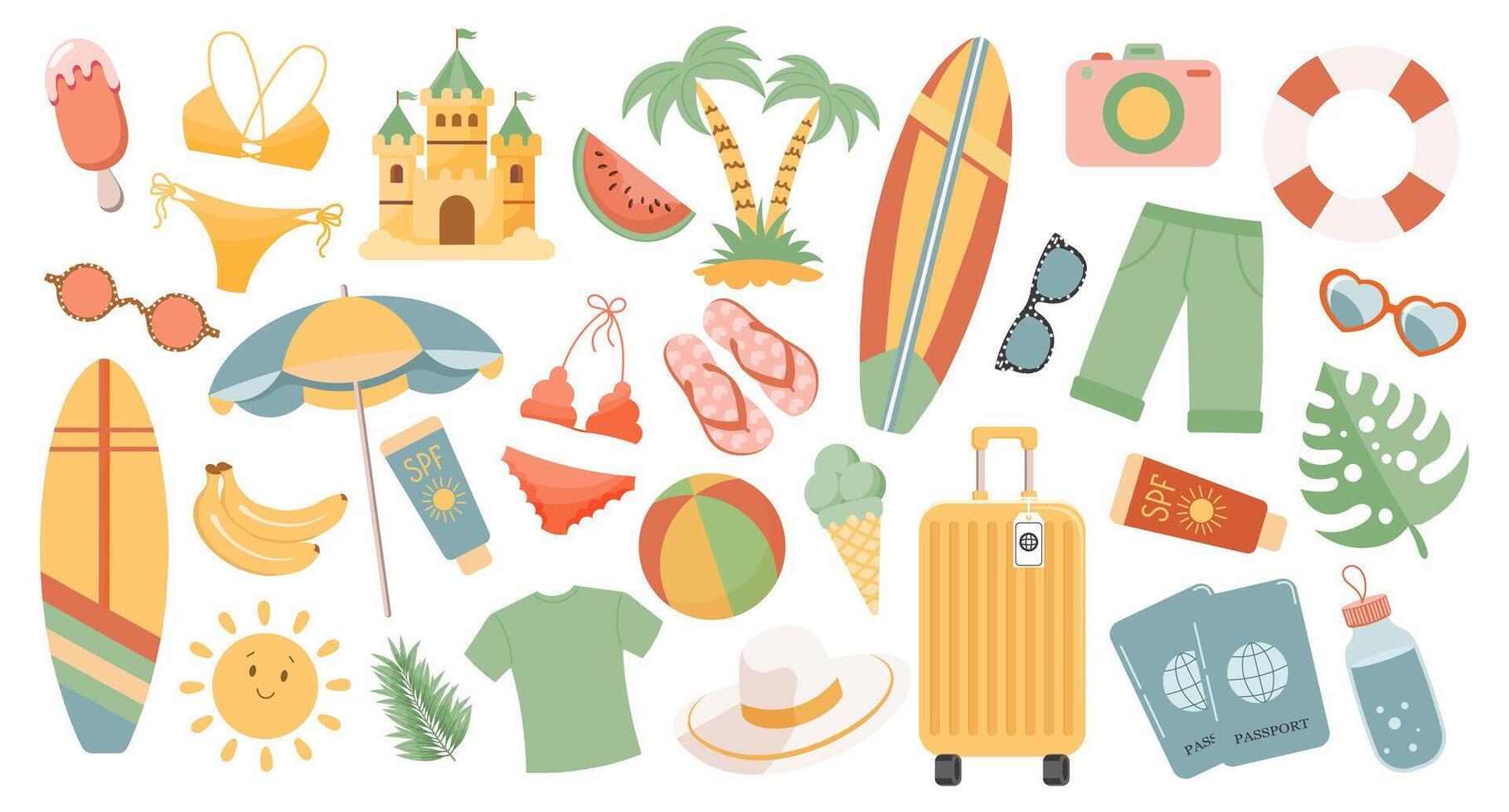 Set of cute summer icons, stickers. Collection of scrapbooking elements for beach party. Tropical vacation. vector