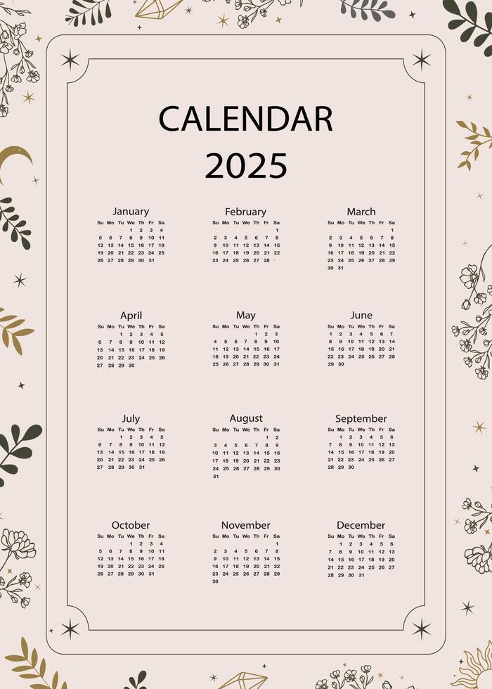 2025 table yearly calendar week start on Sunday with boho that use for vertical digital and printable A4 A5 size vector