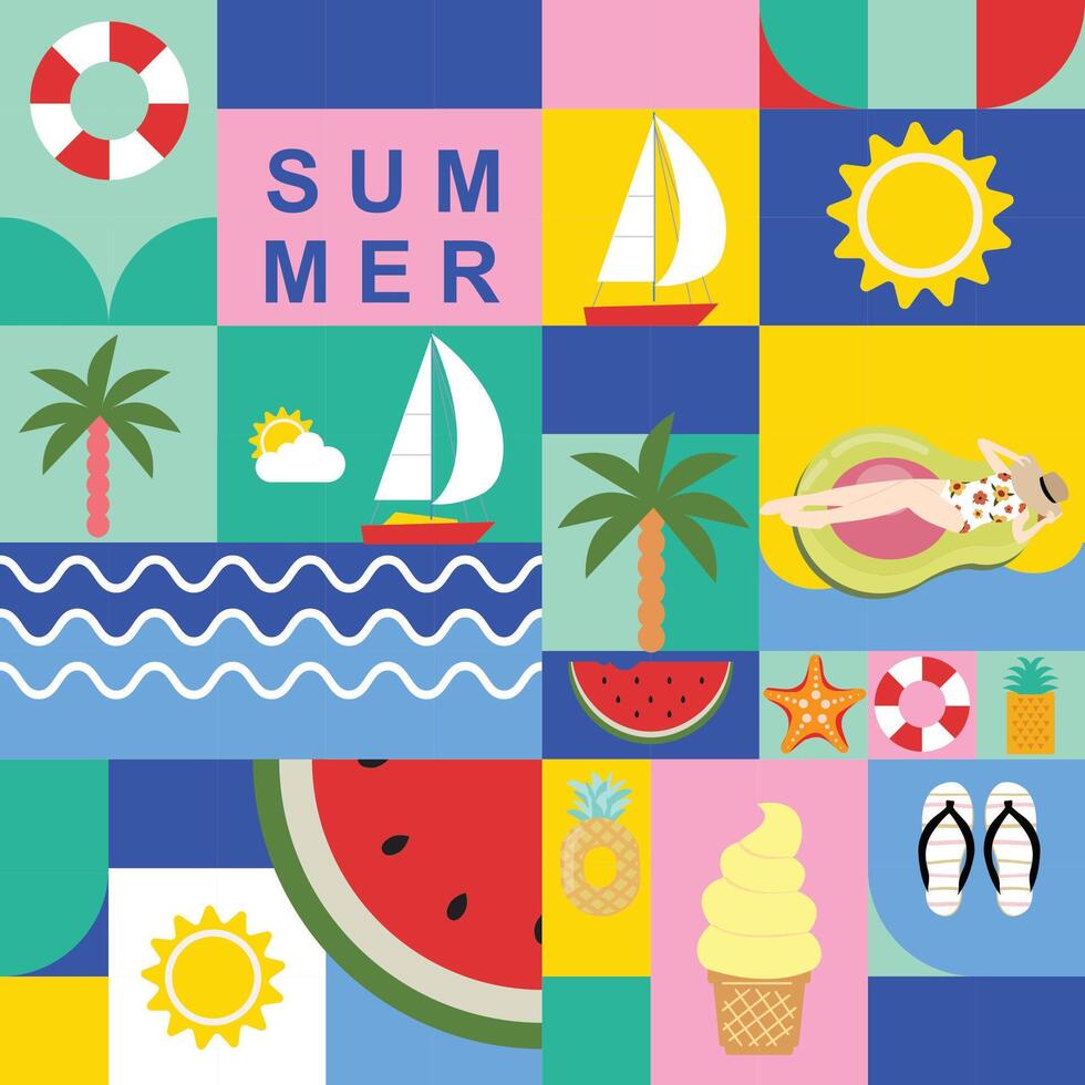 summer background with geometric style.illustration for square seamless pattern design vector