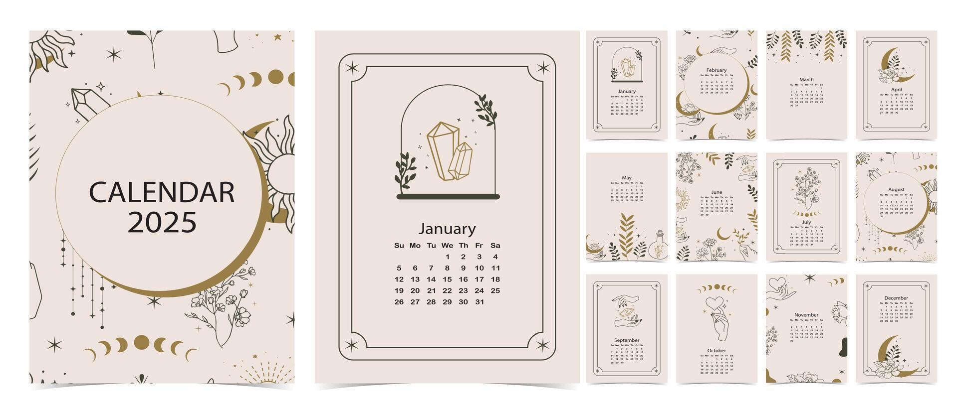 2025 table monthly calendar week start on Sunday with boho that use for vertical digital and printable A4 A5 size vector