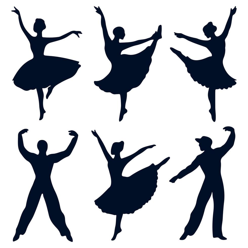 simple silhouette set of dancers, graphic black color outlines only, on white background vector