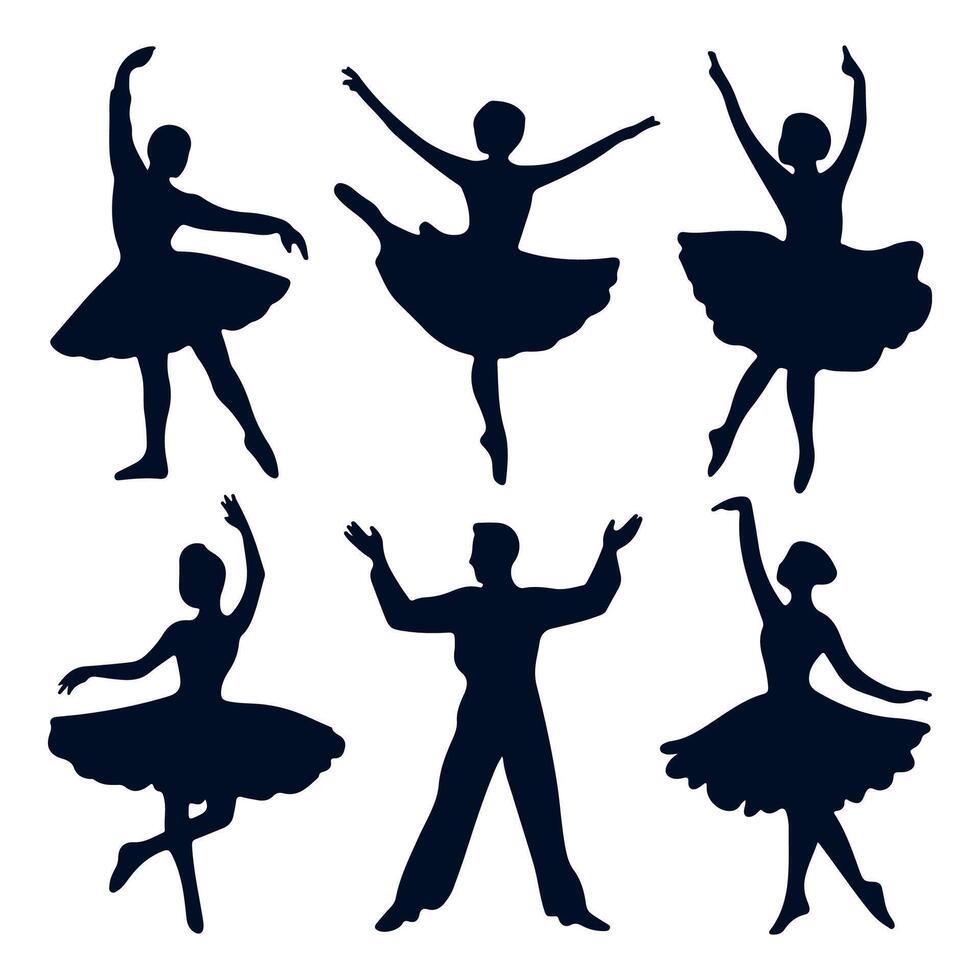 simple silhouette set of dancers, graphic black color outlines only, on white background vector
