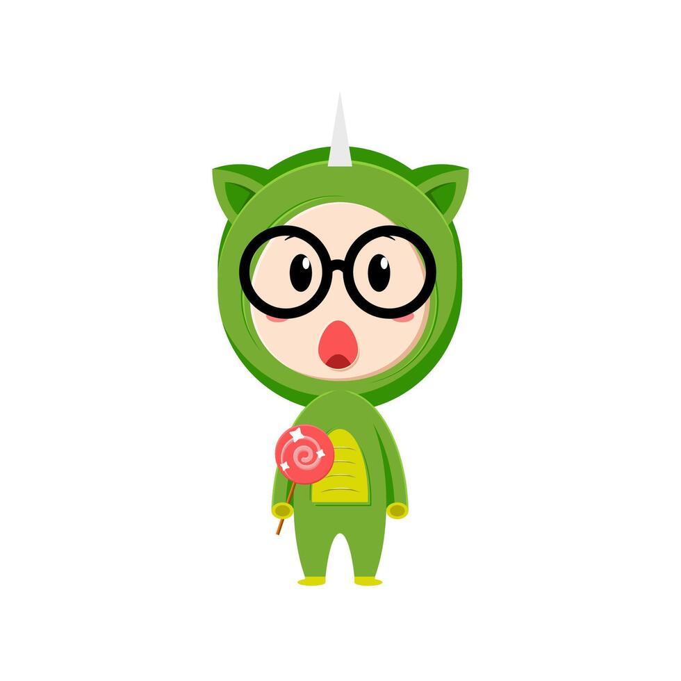 child character wearing a dino costume on a white background vector