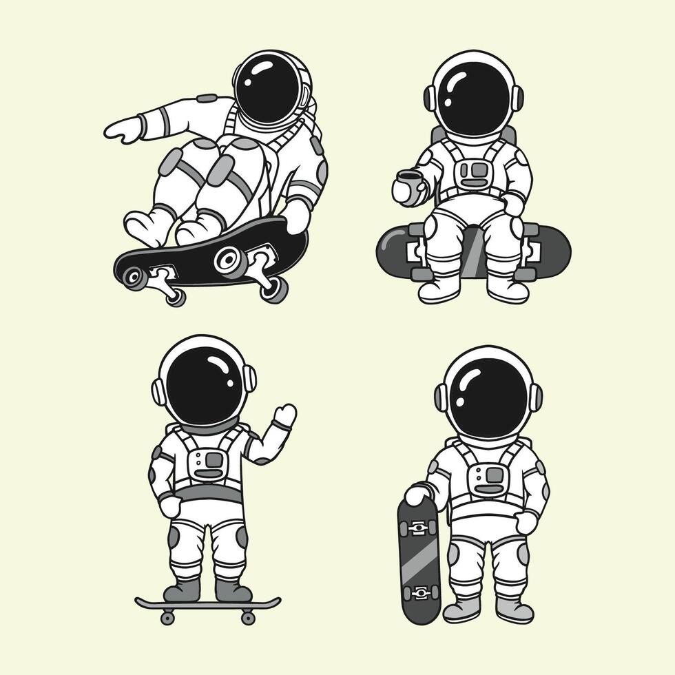 Cute astronaut cartoon with skateboard illustration vector