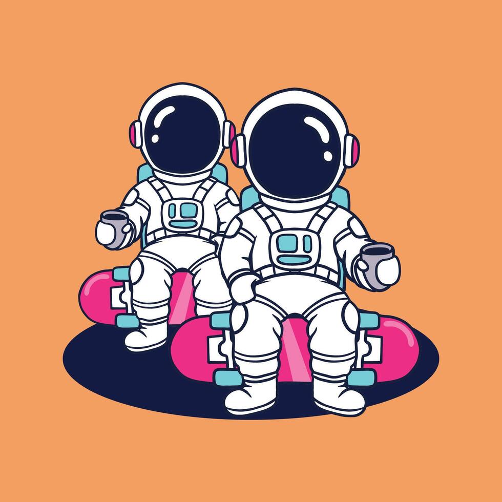 Cute astronaut cartoon set with coffee illustration vector