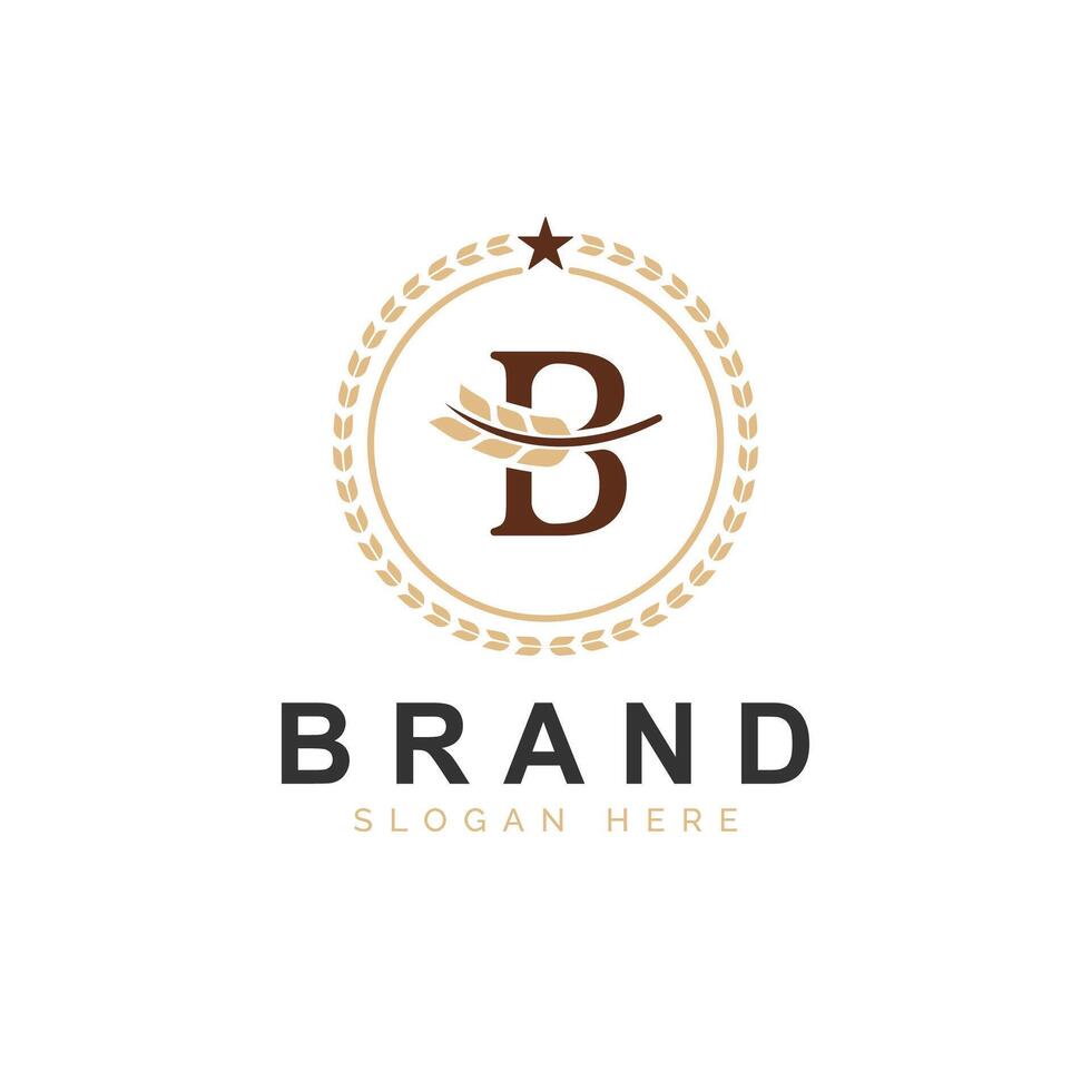 Initial B Letter with Wheat Grain for Bakery, Bread, Logo Design Icon Illustration vector