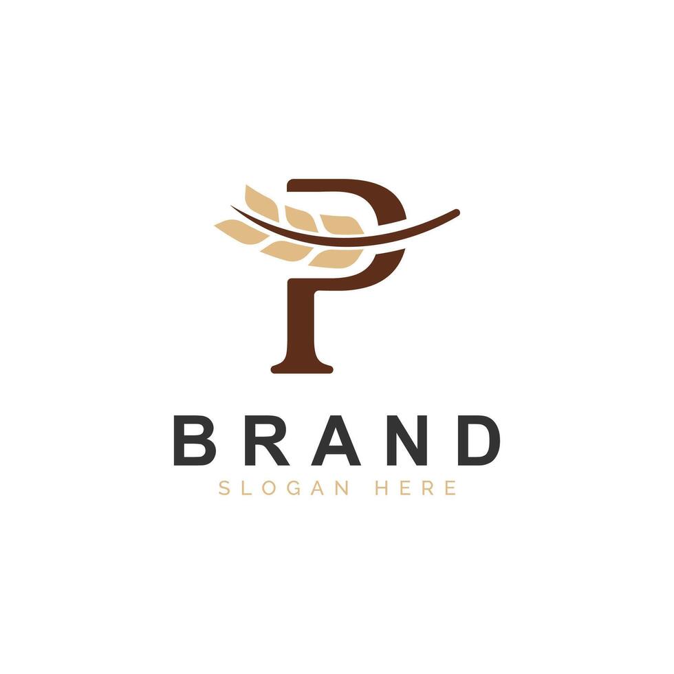 Initial P Letter with Wheat Grain for Bakery, Bread, Logo Design Icon Illustration vector