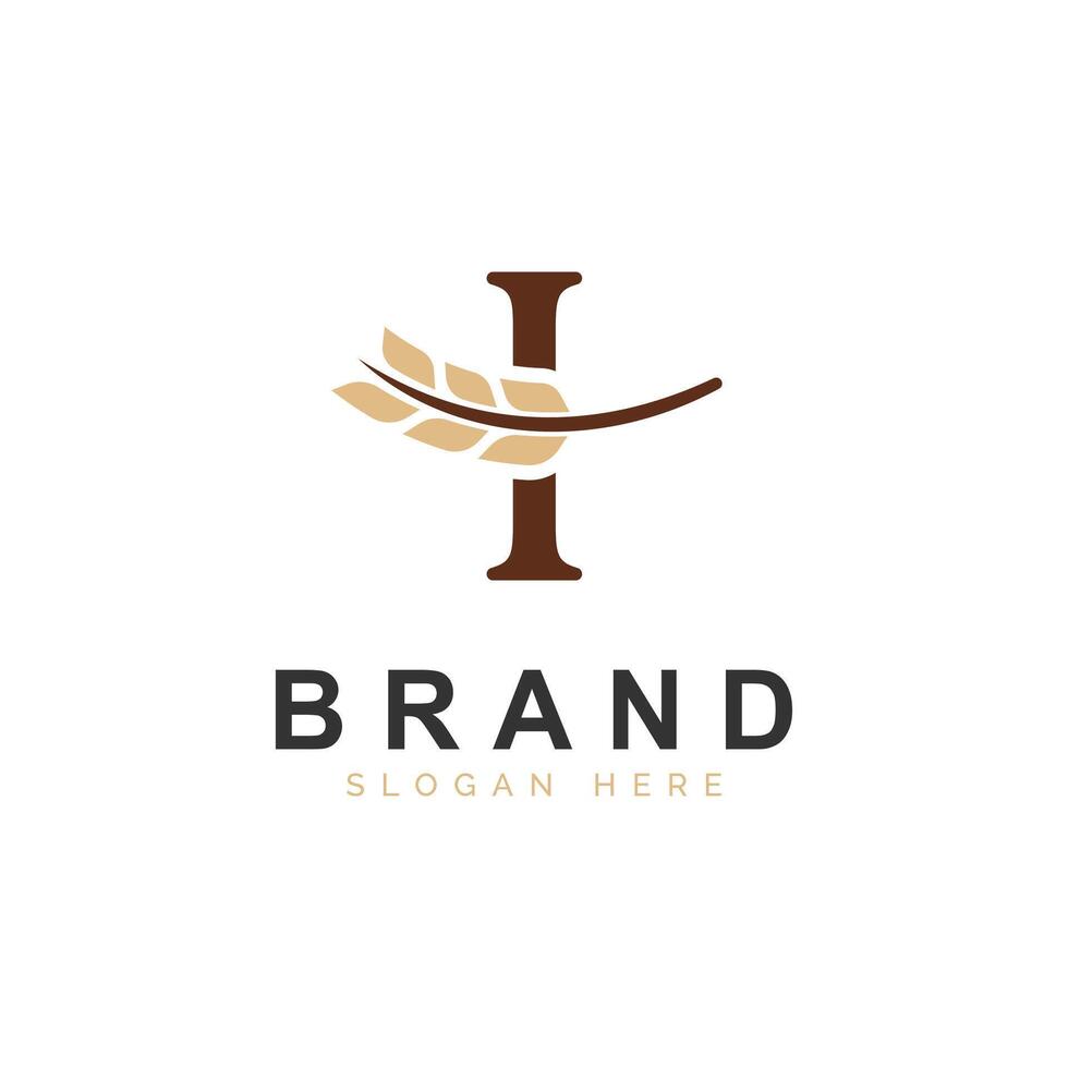 Initial I Letter with Wheat Grain for Bakery, Bread, Logo Design Icon Illustration vector