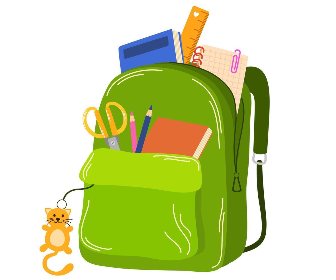 School bag packed with school accessories. Backpack, kids bag full of stationery, pens, notebooks, books, ruler sticking out from pockets. Flat illustration isolated on white background vector