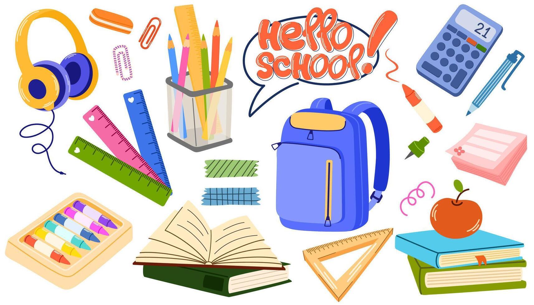 School and education cute stickers template set. Bundle of textbooks, stationery supply, objects. Scrapbooking elements. vector