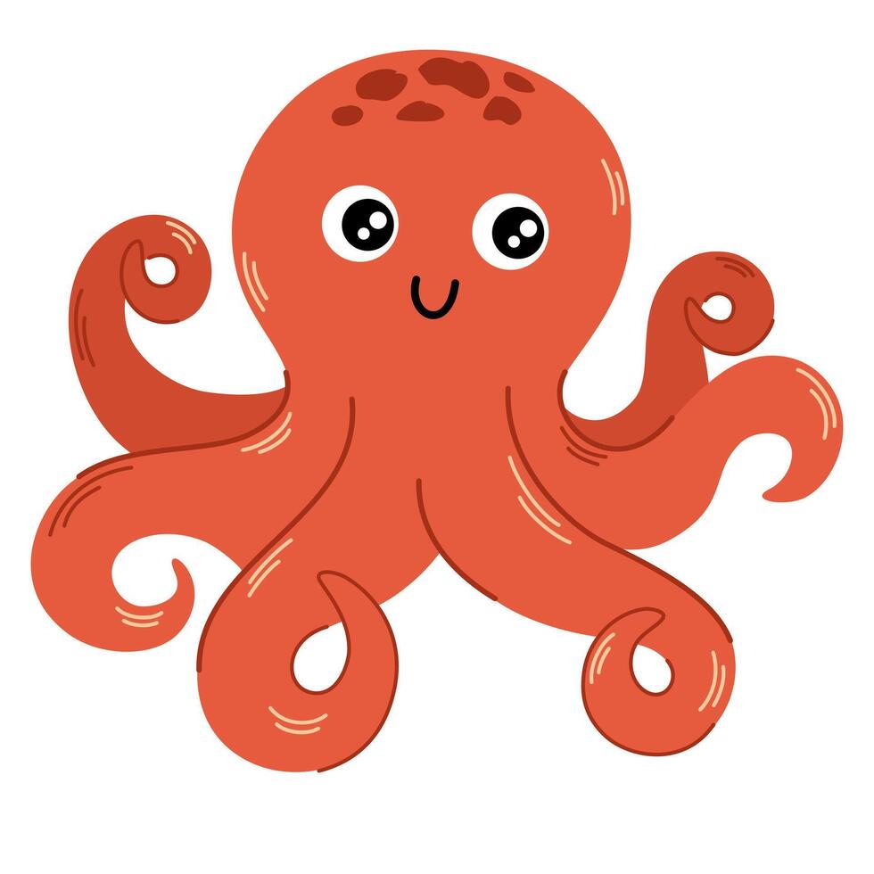 Cute smiling octopus isolated on white background. Funny underwater pink animal with eight tentacles. Childish character. flat cartoon illustration vector