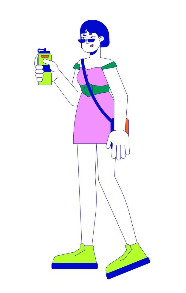 Sulking japanese woman holding bottle 2D linear cartoon character. Displeased asian female with water isolated line person white background. Thirst problem color flat spot illustration vector