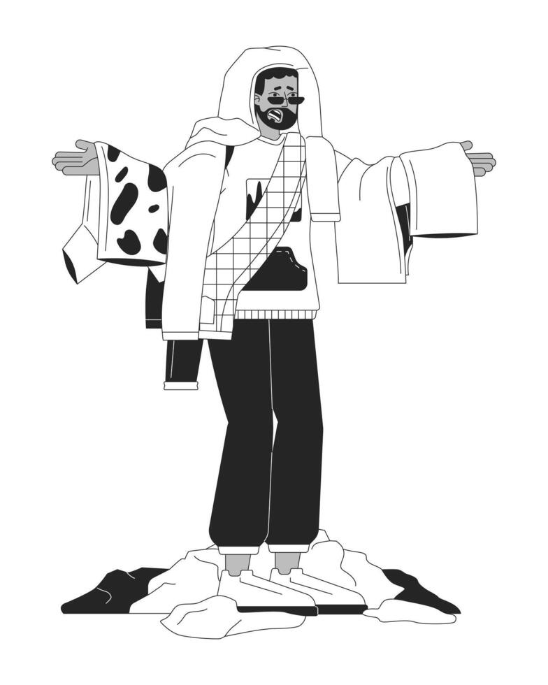 Man having too much clothes black and white cartoon flat illustration. Black male shopaholic cartoon outline character isolated on white. Overconsumption fashion monochrome scene outline image vector