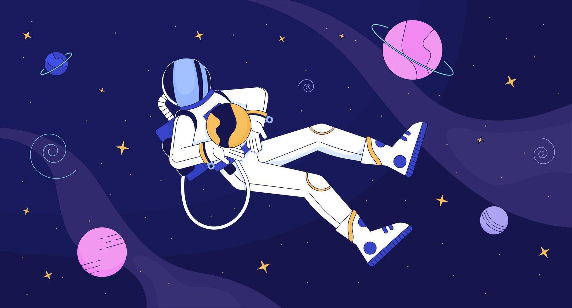 Astronaut in outer space lofi wallpaper. Explorer in protective suit among celestial bodies 2D cartoon flat illustration. Cosmos depth discovering chill art, lo fi aesthetic colorful background vector