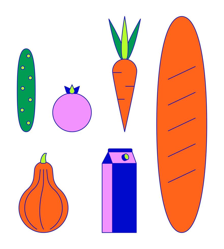 Healthy grocery products 2D linear cartoon objects set. Buying vegetarian food for dinner isolated line elements white background. Organic nutrition color flat spot illustration collection vector