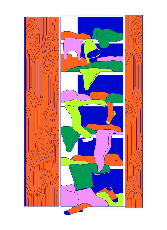 Wardrobe full of messy clothes 2D linear cartoon object. Garment falling out of closet isolated line element white background. Excess clothing keeping color flat spot illustration vector