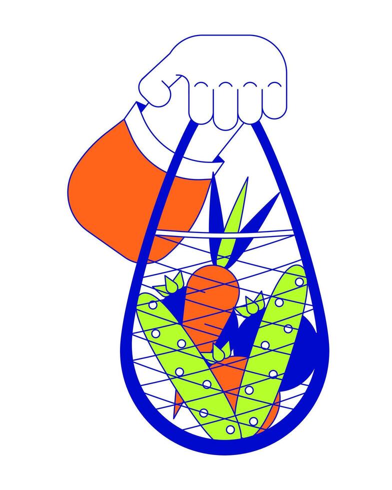 Holding mesh bag with vegetables linear cartoon character hand illustration. Buying healthy food in grocery outline 2D image, white background. Reusable shopping bag editable flat color clipart vector