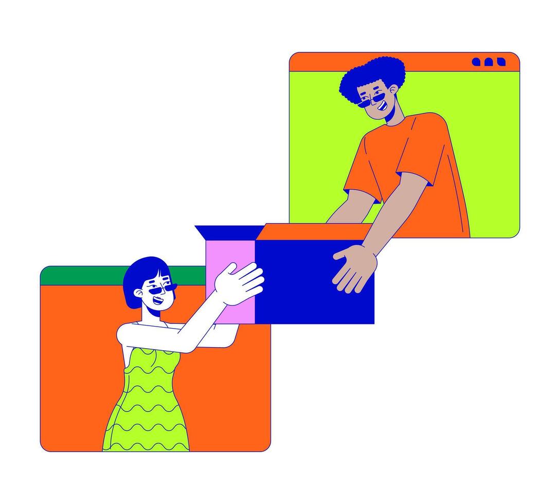 Selling used stuff online 2D linear illustration concept. Latin american man giving box to asian woman cartoon characters isolated on white. E commerce metaphor abstract flat outline graphic vector