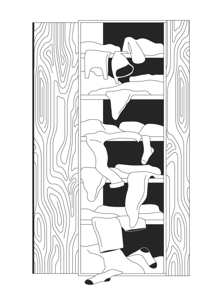 Wardrobe full of messy clothes black and white 2D line cartoon object. Garment falling out of closet isolated outline item. Excess clothing keeping monochromatic flat spot illustration vector