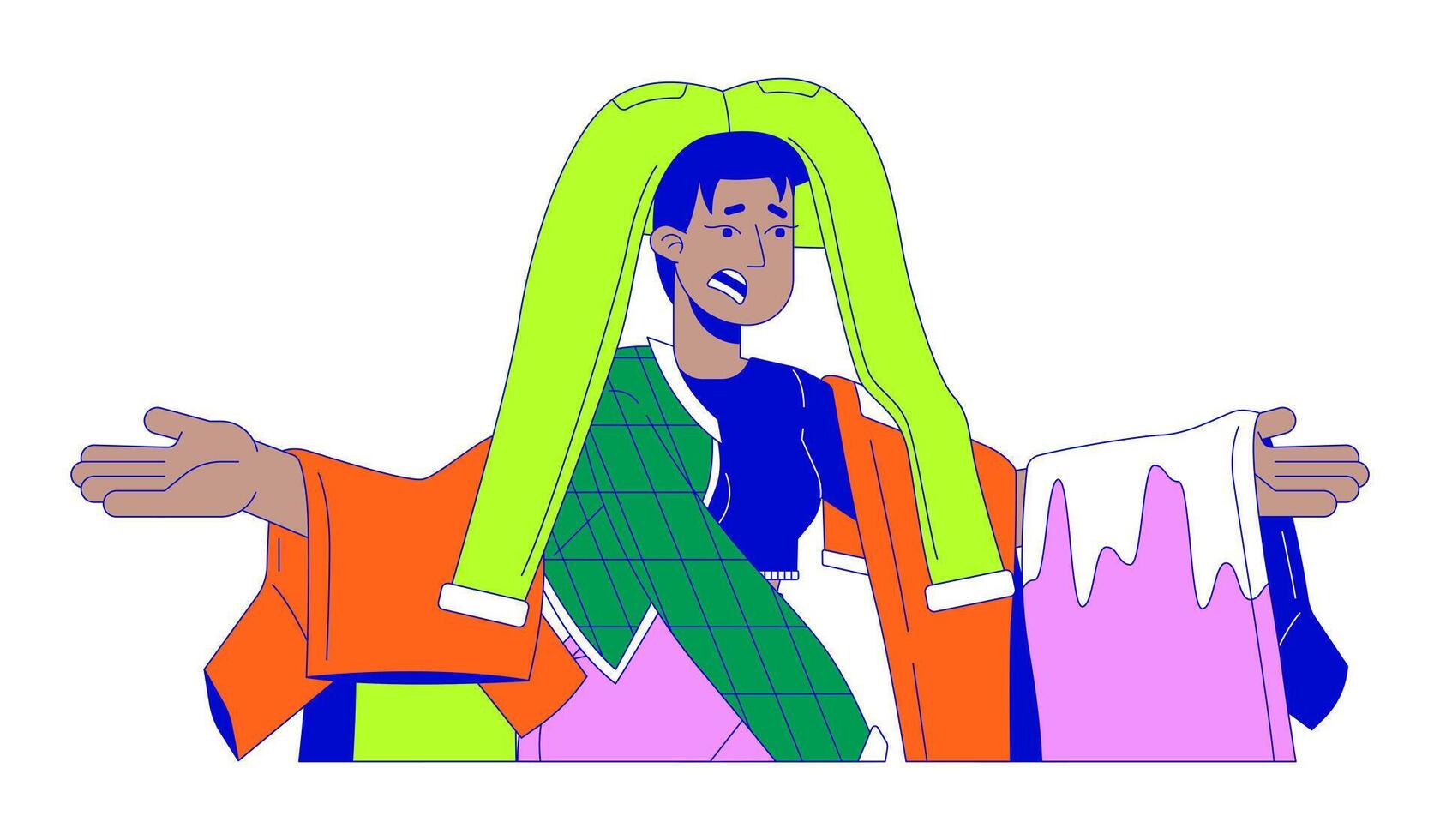 Unhappy black woman under clothes pile 2D linear cartoon character. African american shopaholic isolated line person white background. Overconsumption fashion color flat spot illustration vector
