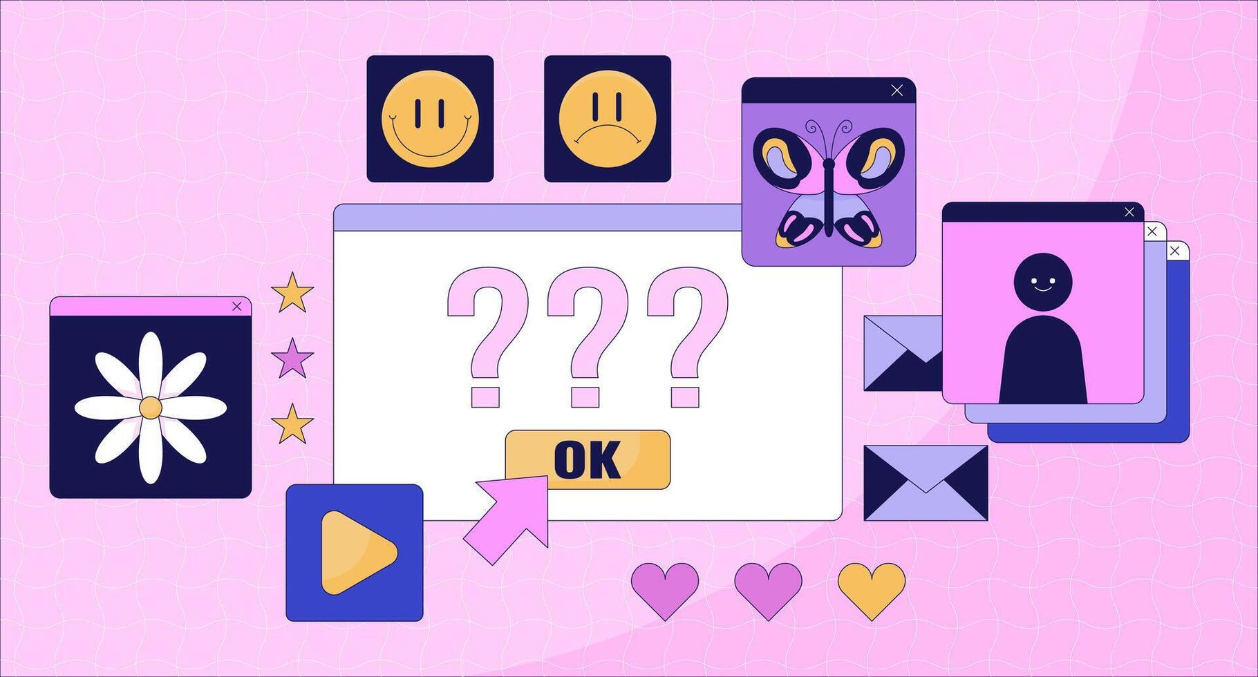Computer error screen lofi wallpaper. Problems with access on internet source 2D cartoon flat illustration. Technical issues with website chill art, lo fi aesthetic colorful background vector