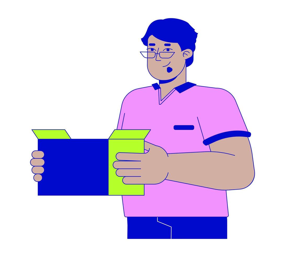 Big boned arab man with box 2D linear cartoon character. Happy middle eastern male holding package isolated line person white background. Stuff carrying color flat spot illustration vector