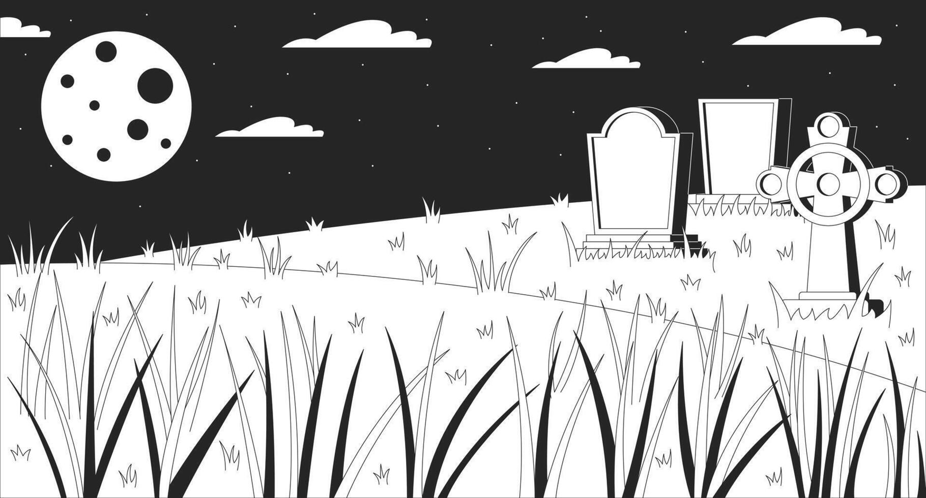 Old cemetery at full moon outline 2D cartoon background. Ancient gravestones on night meadow linear aesthetic illustration. Forgotten tomb yard flat wallpaper art, monochromatic lofi image vector