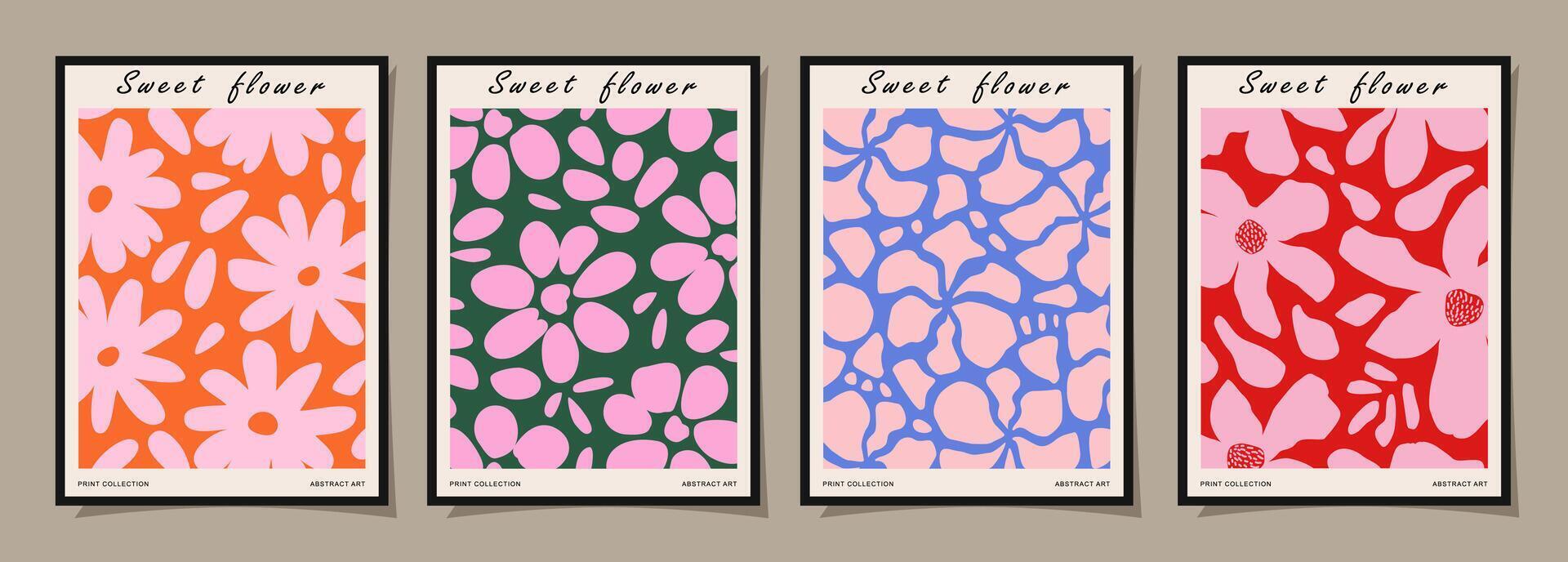 Set of Abstract groovy floral posters. Trendy botanical wall art with flower design print in vibrant colors. Modern naive for interior decor, cover, card, template, banner, wallpaper and background. vector