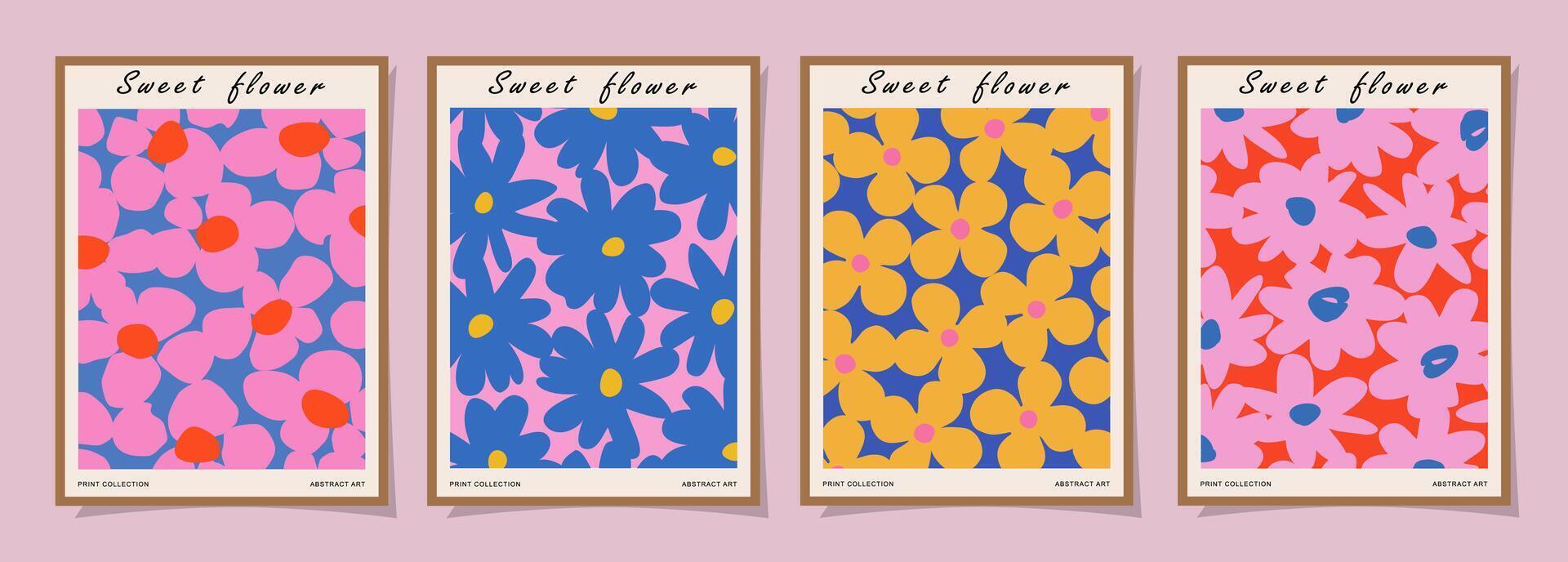Set of abstract groovy floral posters. Trendy botanical wall art with flower design print in vibrant colors. Modern naive for interior decor, cover, card, template, banner, wallpaper and background. vector