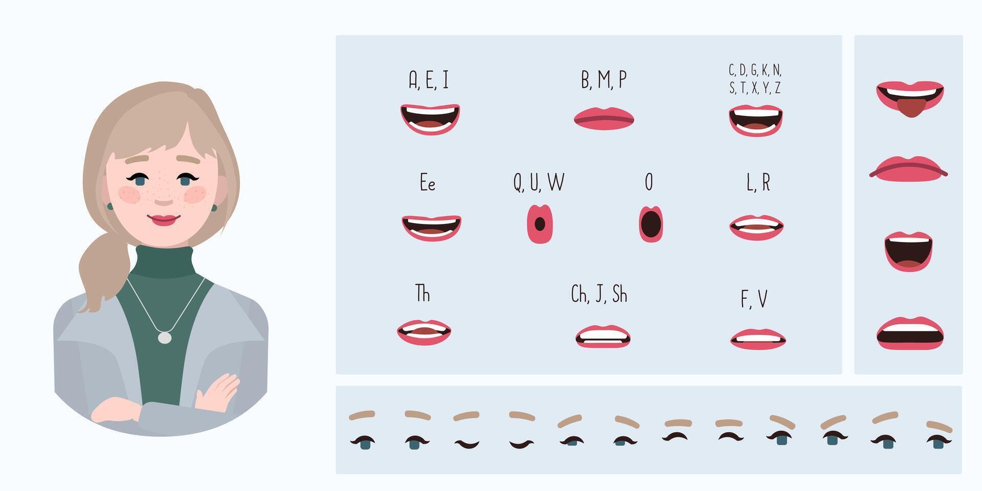 Business office plus size woman avatar creation suitable for animation. Generator, constructor of diverse eyes, lips, emotion expression mouth animation and lip sync. Woman character face construction vector