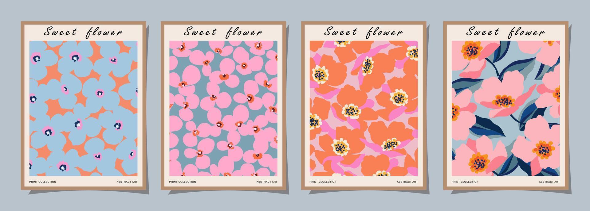 Set of abstract groovy floral posters. Trendy botanical wall art with flower design print in vibrant colors. Modern naive for interior decor, cover, card, template, banner, wallpaper and background. vector