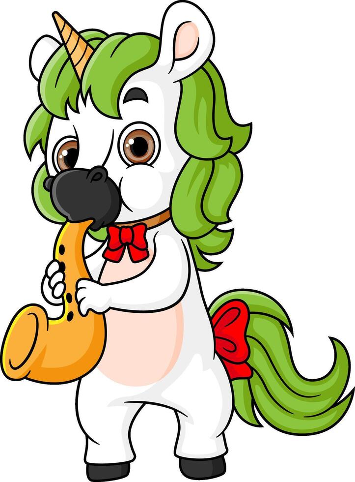 Cute unicorn in playing saxophone position on white background vector