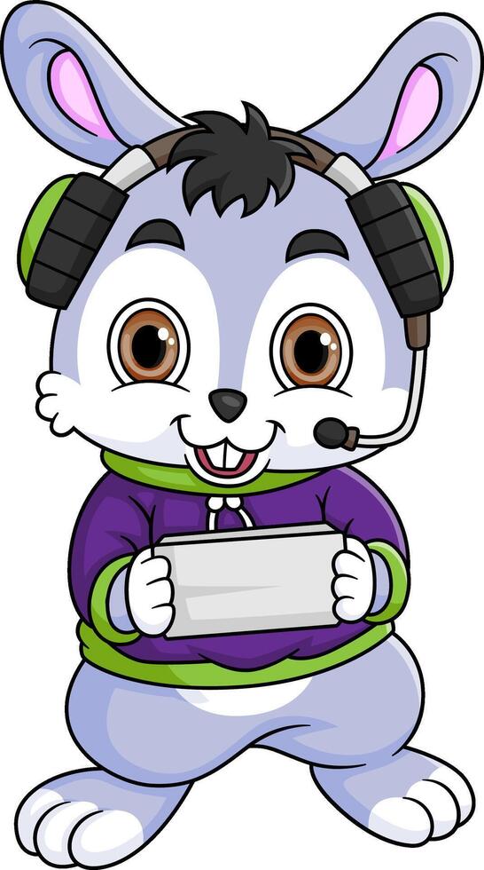 Cute rabbit Playing Game With Headphone Cartoon vector