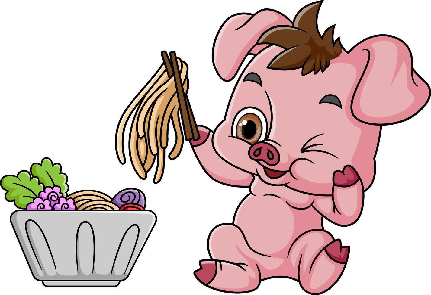Cute pig Eating Ramen Bowl With Chopstick vector