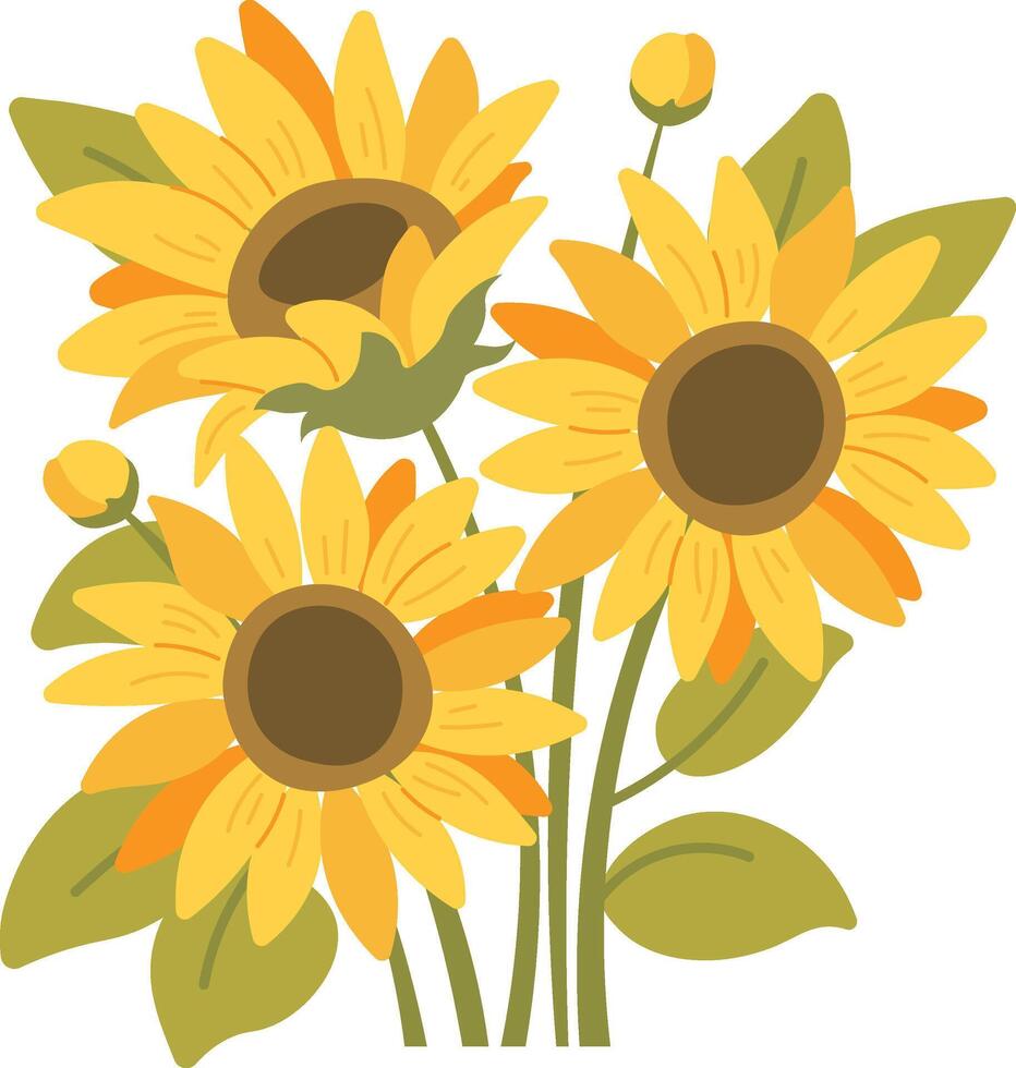 Bouquet of sunflowers on white background. illustration in flat style. Yellow summer flowers isolated vector