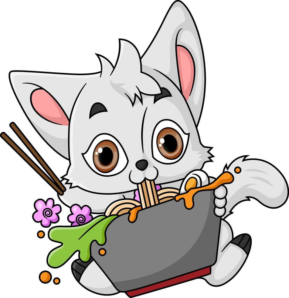 Cute cat Eating Ramen Bowl With Chopstick vector