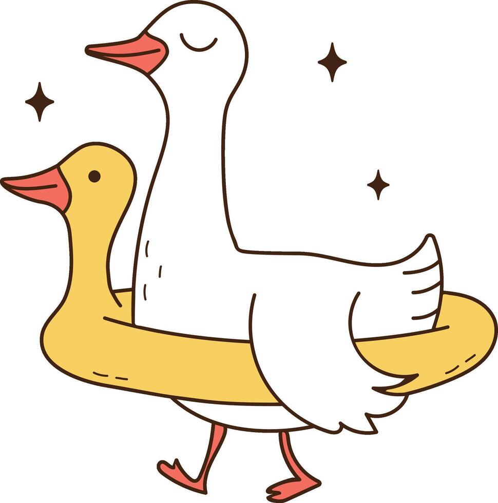 Cute Goose wearing rubber duck ring cartoon character hand drawn clipart vector